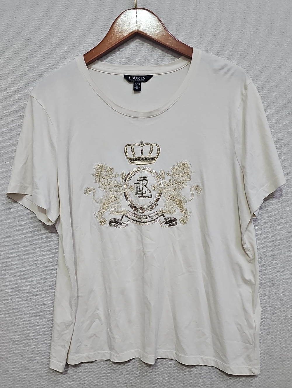 LAUREN RALPH LAUREN METALLIC GOLD CROWN AND LION GRAPHIC T-SHIRT BFPM-08-165